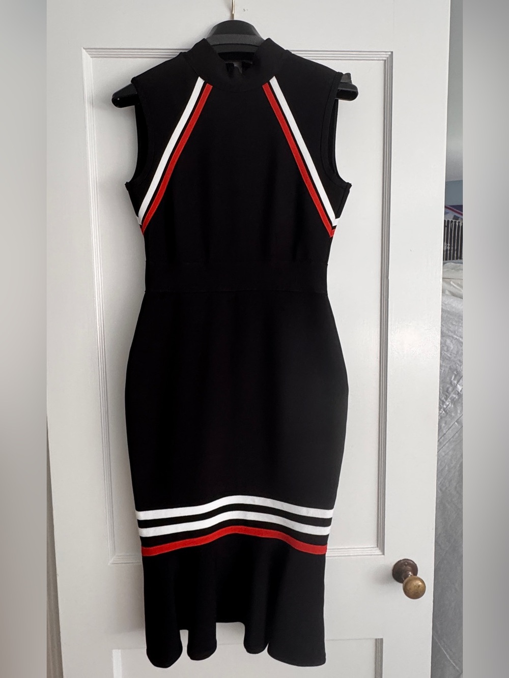 Black Sleeveless Stripe-Trim Midi Dress